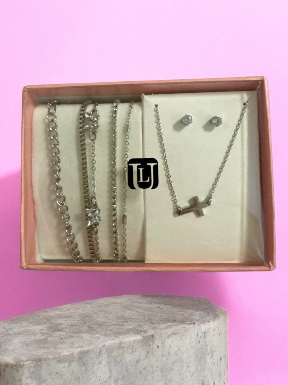 LU Jewelry Set - Silver Cross Necklace & Bracelet Stack